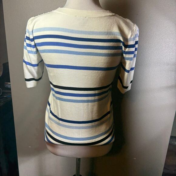 Talbots Womens Small  Pullover Sweater Short Puff Sleeve Blue White Stripe Retro - Picture 2 of 7